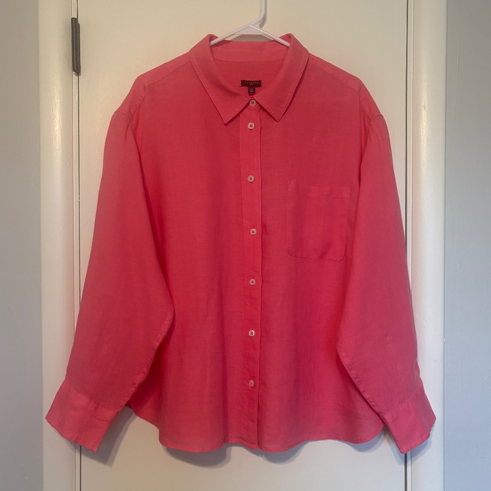 Talbots Women's Plus 100% Linen Button-Front Shirt Top Blouse 2X Pink